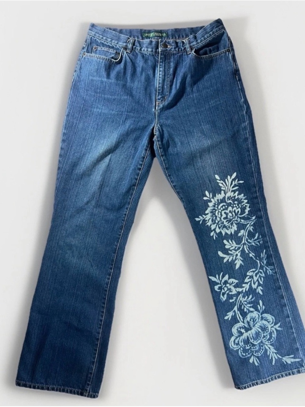 Vintage Ralph Lauren Floral Bootcut Jeans 12 Blue Denim Y2K Boho Cottagecore LRL